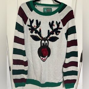 Ugly Christmas Sweater Reindeer Design - Burgundy, Green, White